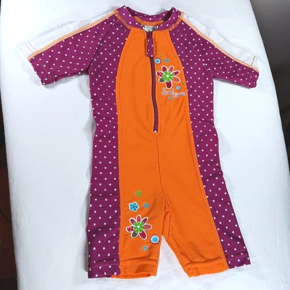 Kids' Orange & Purple Floral Rash Guard One-Piece Swim Suit